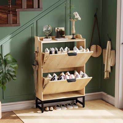 Narrow Shoe Cabinet, 2 Flip Drawer Storage with Fluted Panel, Hidden Organizer for Entryway, Foyer, Hallway