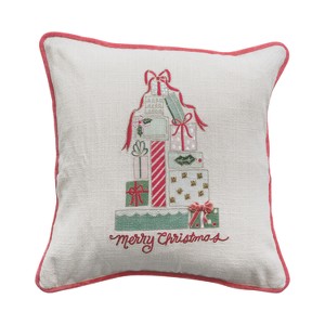 Storied Home "Merry Christmas" Square Cotton Slub Printed Pillow with Gifts, Embroidery, Piping and Velvet Back, Multicolor - 1 of 2