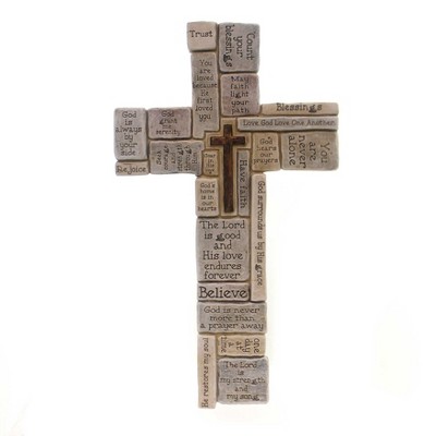 Home Decor Crossword Wall Cross  -  One Wall Cross 15.25 Inches -  Believe Rejoice Trust  -  46461  -  Polyolefin  -  Gray