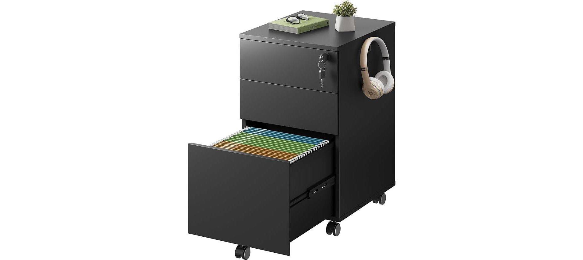 GALAXHERO 3-Drawer Rolling File Cabinet with Lock, Wood Under Desk Filing Cabinet for Home Office, Fits Letter/Legal/A4 Size