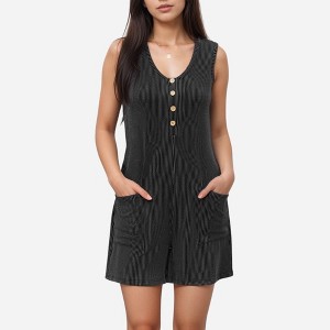 Anna-Kaci Women's Textured Knit Sleeveless Romper with Button Front Detail and Side Pockets - 1 of 4