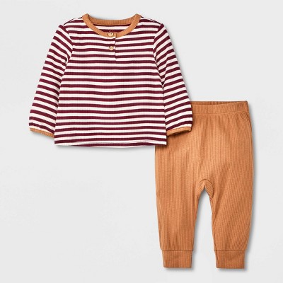 Baby Boys' 2pc Striped Ribbed Top & Bottom Set - Cat & Jack™ Brown 0-3M