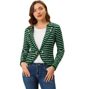 INSPIRE CHIC Women's Regular Fit Notched Lapel Button Decor Striped Blazer - 1 of 4