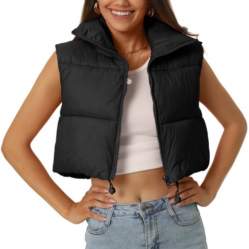 Black Cropped Hooded Puffer Vest Short Jacket Zipper Vest puffy stand up  collar