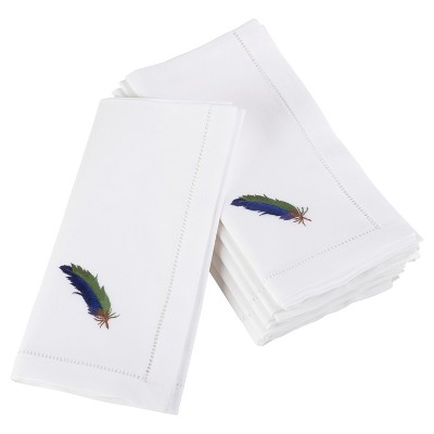 6pk White Embroidered Blue Feather Design Napkin 20" - Saro Lifestyle