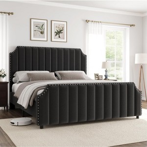 homfan Queen Platform Bed Frame with Headboard, Velvet Upholstered Bed Frame Queen with Vertical Channel Tufted Headboard, No Box Spring Needed,Black - 1 of 4