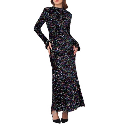 Женские платья INSPIRE CHIC Women's Sequined Maxi Velvet Crewneck Long Sleeve Cocktail Evening Bodycon Dress Small Black
