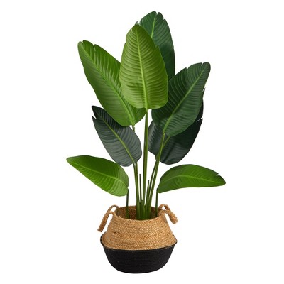 Nearly Natural 4-ft Travelers Palm Artificial Tree in Boho Chic Handmade Cotton & Jute Black Woven Planter