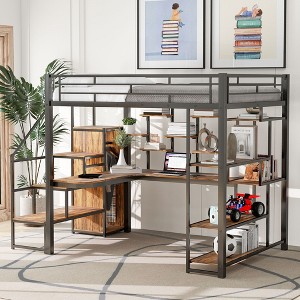 Full Size Metal Loft Bed with Storage Staircase and Small Wardrobe - 1 of 4