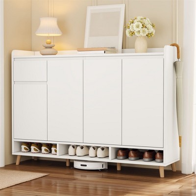 Entryway Shoe Cabinet with Doors, 4 Tier Shoe Storage Cabinet with Adjustable Shelves, Freestanding Wood Shoe Rack For Entryway Living Room