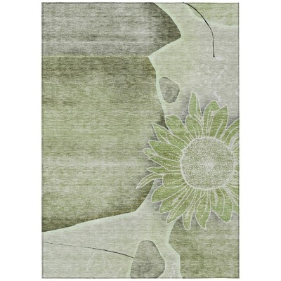 Artichoke Green And Gray Floral Washable Indoor Outdoor Area Rug