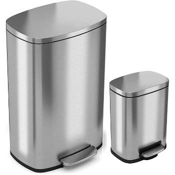 iTouchless Combo Set Step Pedal Kitchen and Bathroom Trash Cans with AbsorbX Odor Filter 13.2 and 1.3 Gallon Silver Stainless Steel