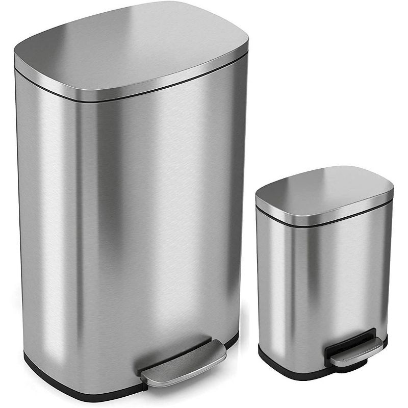 iTouchless Combo Set Step Pedal Kitchen and Bathroom Trash Cans with AbsorbX Odor Filter 13.2 and 1.3 Gallon Silver Stainless Steel, 1 of 8