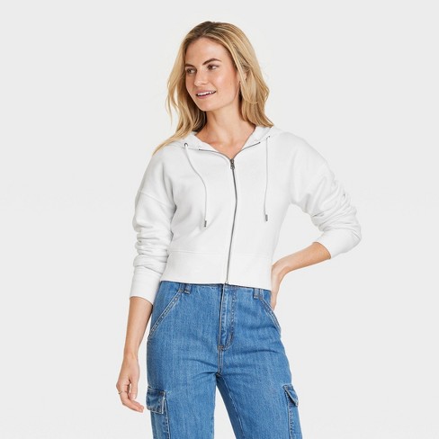 Women's Cropped Zip-Up Sweatshirt - Universal Thread™ White M