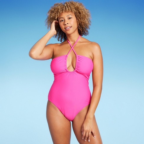 Women's Halter Keyhole Bandeau One Piece Swimsuit - Shade & Shore™ Pink Xl  : Target