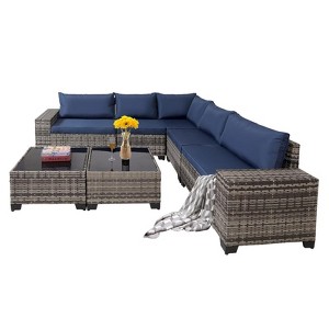 Maggift 7-Piece Patio Seating Set, All-Weather Wicker Rattan Sectional Sofa with Two Side Tables for Poolside, Patio, Blue, 41.3" * 28.3" * 29.3" - 1 of 4