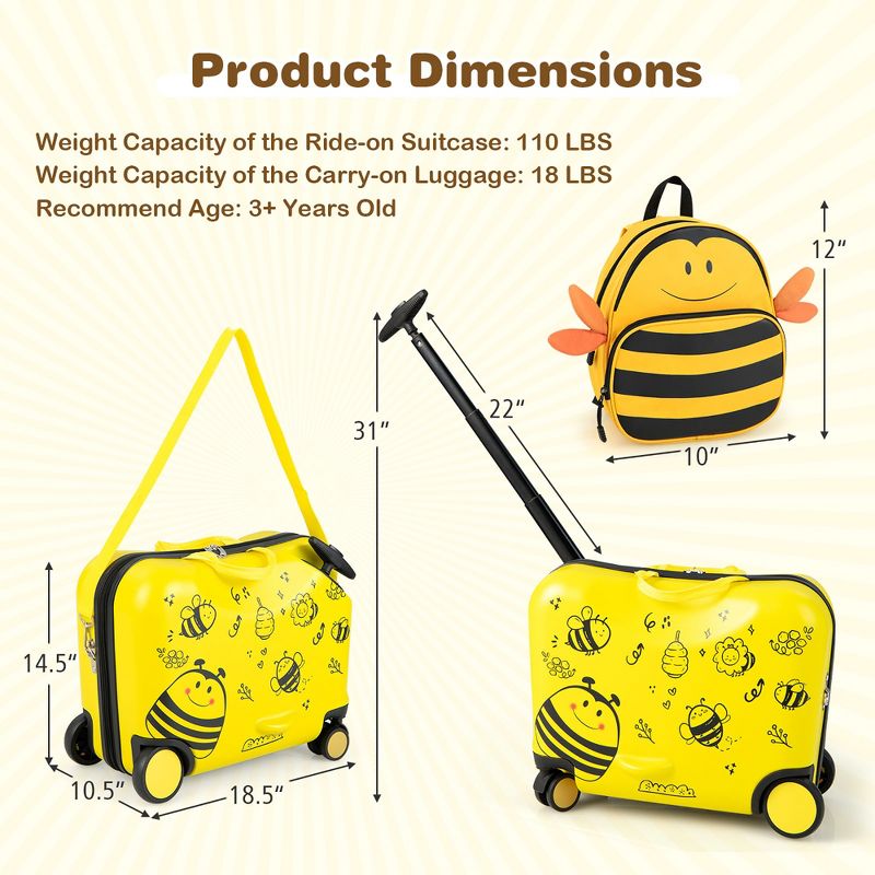Costway 2PC Kids Ride-on Luggage Set 18'' Carry-on Suitcase & 12'' Backpack Anti-Loss Rope Yellow, 3 of 11