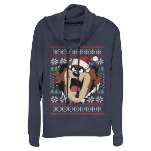 Junior's Looney Tunes Taz Ugly Christmas Sweater Print Cowl Neck Sweatshirt - 1 of 4