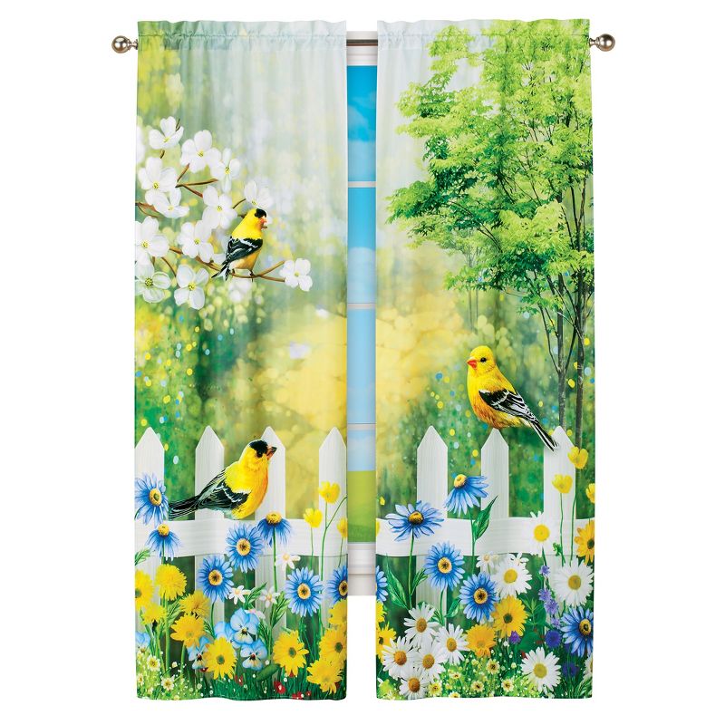 Collections Etc Birds on Fence Colorful Spring Scene Window Curtains, Single Panel, 35" WIDE, 1 of 3