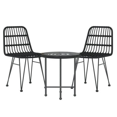 vidaXL Patio Dining Set - 3 Piece Poly Rattan Outfit in Black - Featuring Tempered Glass Tabletop and Comfortable Dining Chair with Backrest