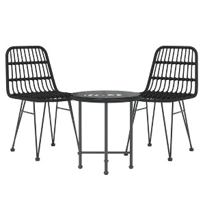 vidaXL Patio Dining Set - 3 Piece Poly Rattan Outfit in Black - Featuring Tempered Glass Tabletop and Comfortable Dining Chair with Backrest - 1 of 4