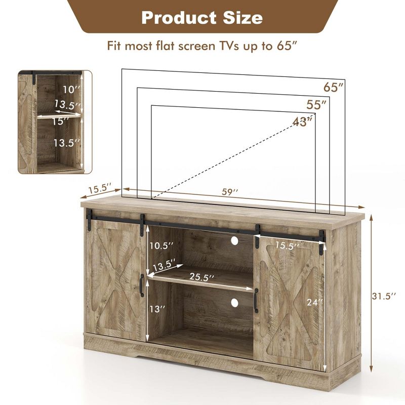 Costway TV Stand Farmhouse Cabinet Sliding Barn Door Adjustable Shelves for TV up to 65'', 4 of 11