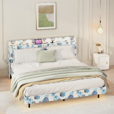 CAVINAS King Size Floating Bed Frame with LED Light and Charging Station, Upholstered Platform Bed Frame with Headboard & Hidden Storage Space