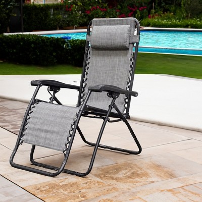 Gray Steel Zero Gravity Outdoor Recliner Lounge Chair with Adjustable Headrest