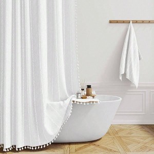 Boho Linen Striped Shower Curtain Set 72x72 Heavy Duty Fabric Bathroom Curtain with Tassel Ultra Thick Water Repellent - 1 of 4