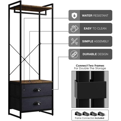 Portable Black Steel and Wood Garment Rack with Drawers