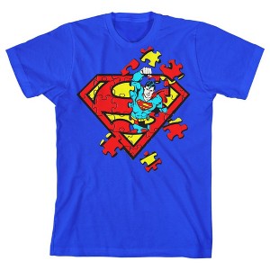 Superman Logo Puzzle Pieces Punchout Youth Boys Royal Blue T-Shirt - 1 of 2