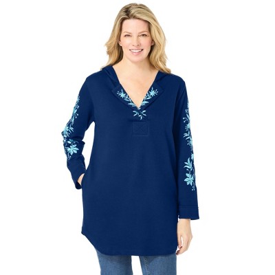 Woman Within Plus Size Embroidered Hoodie Sweatshirt