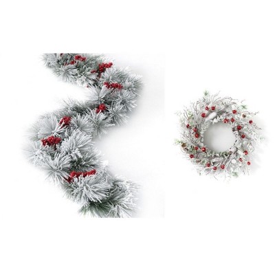 Sullivans Artificial Flocked Pine 24"H Wreath and 5'L Garland Set, White