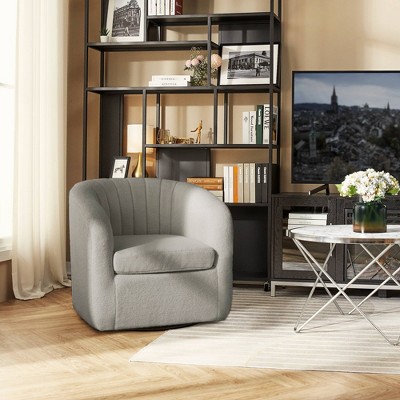 Gray Polyester Blend Swivel Barrel Chair with Wood Base