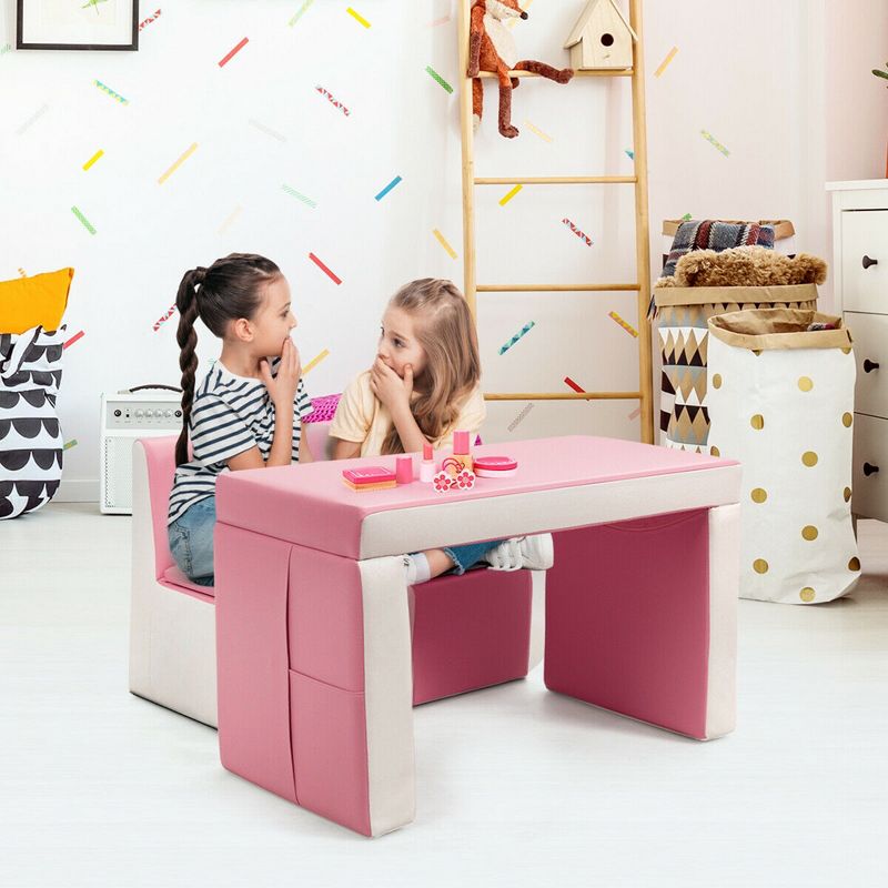 Tangkula Kids Sofa 2 in 1 Double Sofa Convert to Table and Two Chairs Toddler Lounge with Wooden Frame and PVC Surface Children Box, 3 of 11
