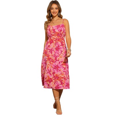 INSPIRE CHIC Women's Summer Floral Casual Spaghetti Strap Smocked Boho Beach Midi Sundress