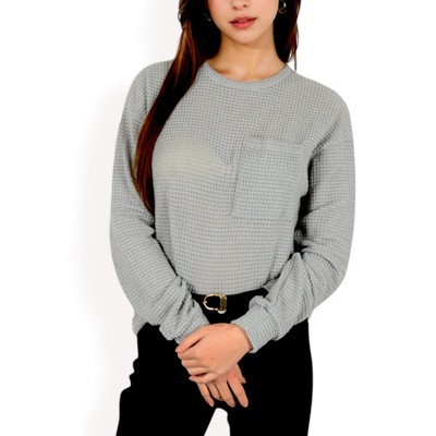 Anna-Kaci Women's Long Sleeve Waffle Knit Top with Front Pocket Detail