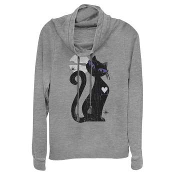 Juniors Womens Lost Gods Halloween Full Moon Black Cat Heart Cowl Neck Sweatshirt