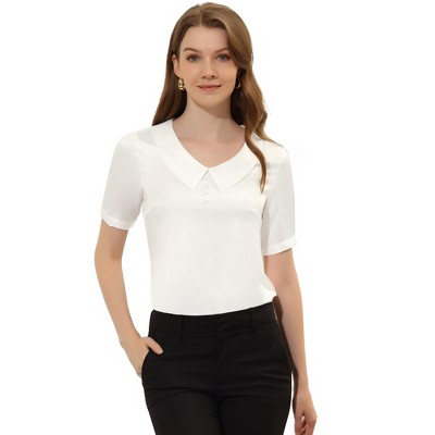 INSPIRE CHIC Women's Turndown Collar Button Decor Short Sleeve Satin Blouse
