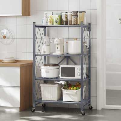 SUGIFT Storage Shelves,  4-Shelf Foldable Metal Shelving Units for Garage Kitchen Bakers, Collapsible Organizer Rack, Heavy Duty on Wheels