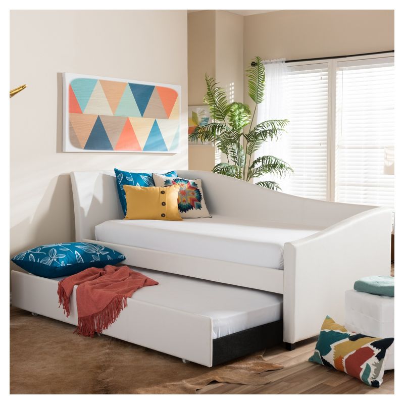 Twin Vera Modern and Contemporary Faux Leather Upholstered Curved Sofa Daybed with Roll Out Trundle Guest Bed White - Baxton Studio, 6 of 11