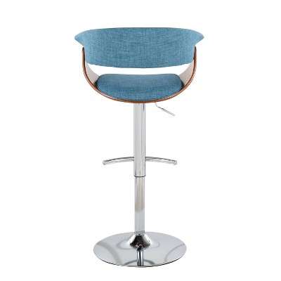 Set of 2 Blue Adjustable Swivel Bar Stools with Walnut Wood and Chrome Base
