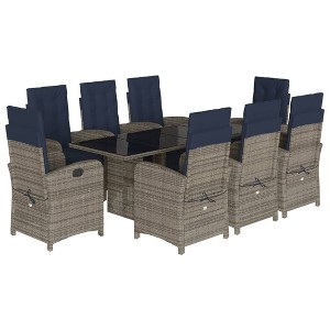 vidaXL 9-Piece Outdoor Dining Set - Gray Poly Rattan with Adjustable Chairs, Navy Cushions & Tempered Glass Table - 1 of 4