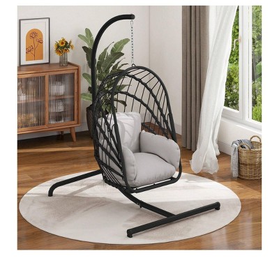 Wicker Swing Egg Chair 300lbs Capacity Chair Patio Rattan Chair for Backyard Indoor Outdoor Beige
