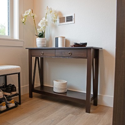 Sunnydaze Dark Brown Pine Wood Console Table with Drawers and Shelf