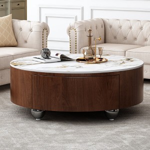 GDFStudio Cherry 35.4" Round Faux Marble Coffee Table with Two-Drawer, Brown/White - 1 of 4