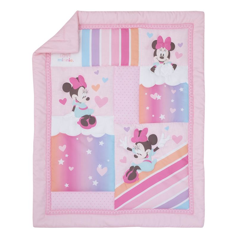 Disney Minnie Mouse Be Happy Pink, Lavender, Aqua and Orange 3 Piece Crib Bedding Set - Comforter, Fitted Crib Sheet and Bed Skirt, 2 of 8