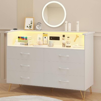 WhizMax 49.1''  Wooden Dressers， TV Stand with Charging Station & LED Light, Modern Chest of Drawers, Storage Cabinet With 6 Drawers