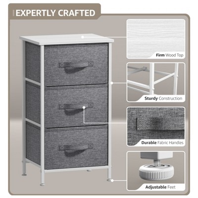 White and Gray Steel Frame Nightstand with 3 Fabric Drawers