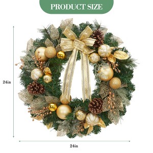 Christmas wreath, pre-assembled wreath for front door with gold bow, artificial pre-decorated holiday decoration with balls, ribbons, pine cones - 1 of 4